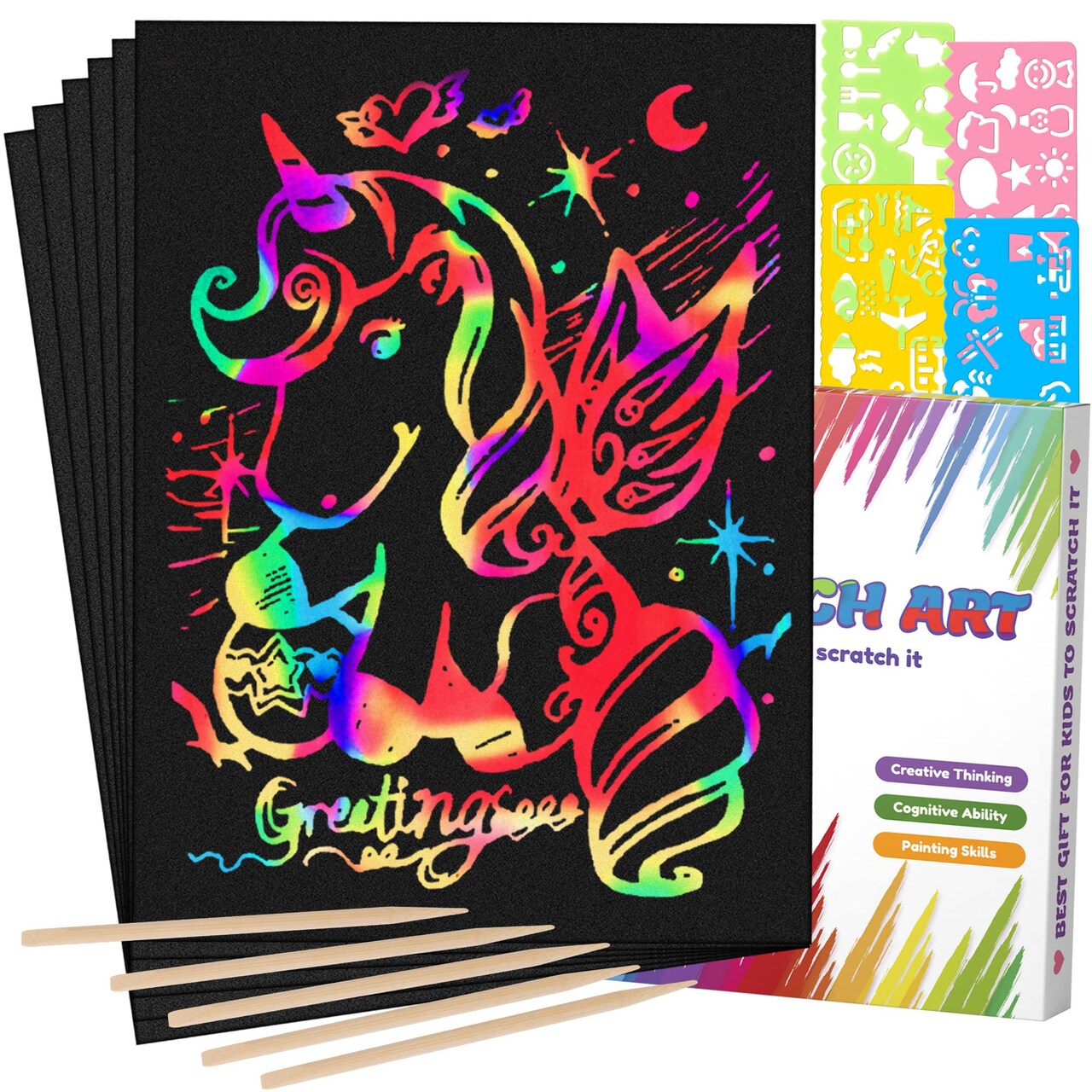 60 Pcs Rainbow Scratch Art Paper for Kids, Magic Scratch Paper Set Art and Craft Kit, Black Scratch Sheets for Party Game Activities Birthday Gifts Toys Girls Boys 3 4 5 6 7 8 9 10 Years Old
